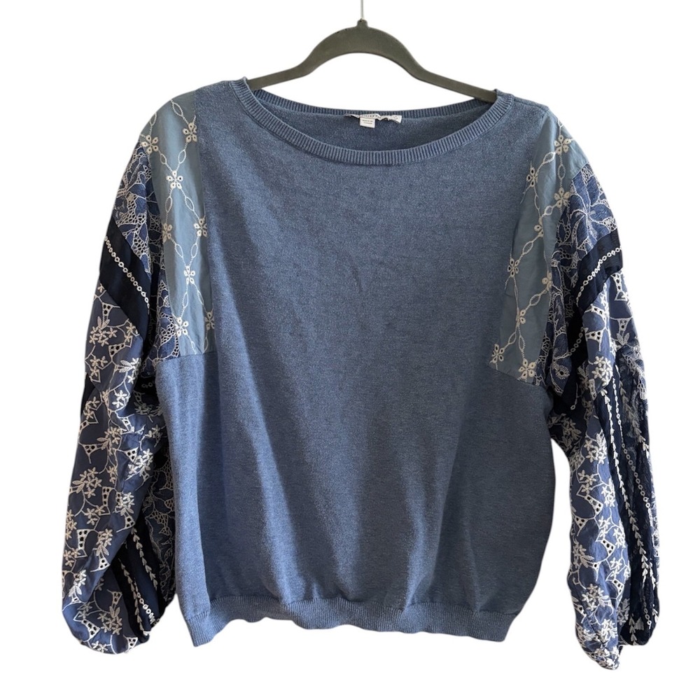 Chicos Mixed Media Embroidered Balloon Sleeve Size 1 M Blue Sweater Boho Cottage